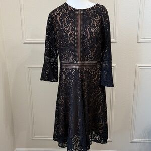 Black Lace overlayed A-Line 3/4 flared bell sleeve Dress✨XL